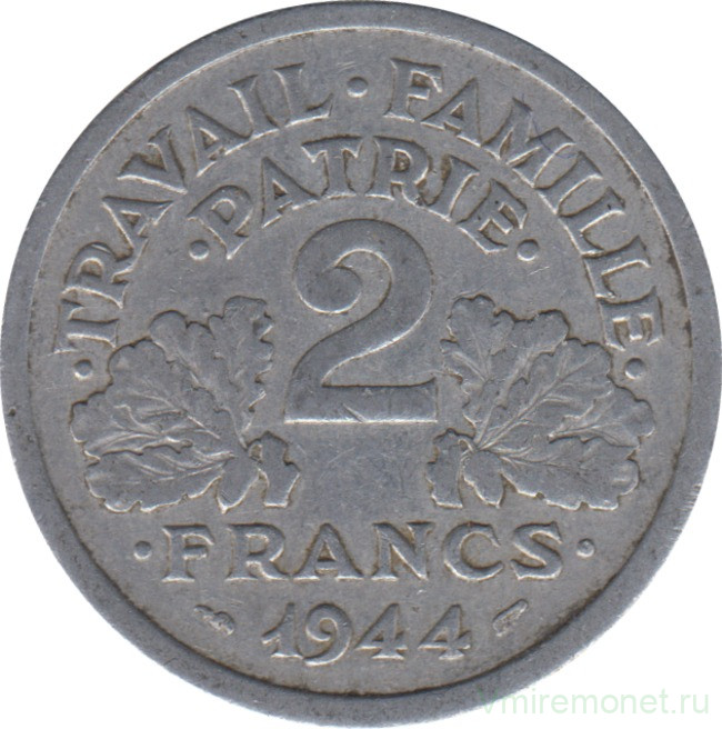 Монета. Франция. 2 франка 1944 год. Монетный двор - (C) Пуасси.