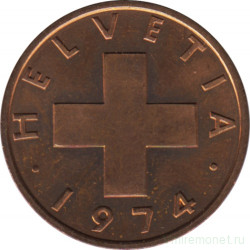 Монета. Швейцария. 2 раппена 1974 год.