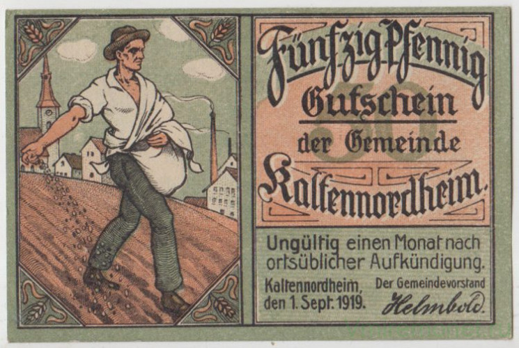 Бона. Нотгельд. Германия. Кальтеннордхайм. 50 пфеннигов 1919 год.