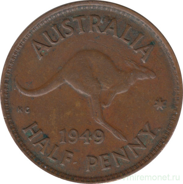 Монета. Австралия. 1/2 пенни 1949 год.  Точка после "PENNY".