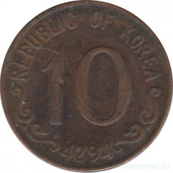 Монета. Южная Корея. 10 хван 1961 год.