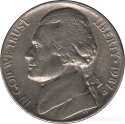 Монета. США. 5 центов 1987 год. Монетный двор D.