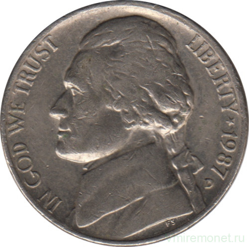 Монета. США. 5 центов 1987 год. Монетный двор D.