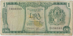 Банкнота. Мальта. 1 лира 1967 (1973) год. Тип 31d.