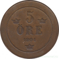 Монета. Швеция. 5 эре 1901 год.