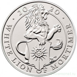 Монета. Великобритания. 5 фунтов 2020 год. Звери Королевы - Белый лев Мортимера. В буклете.