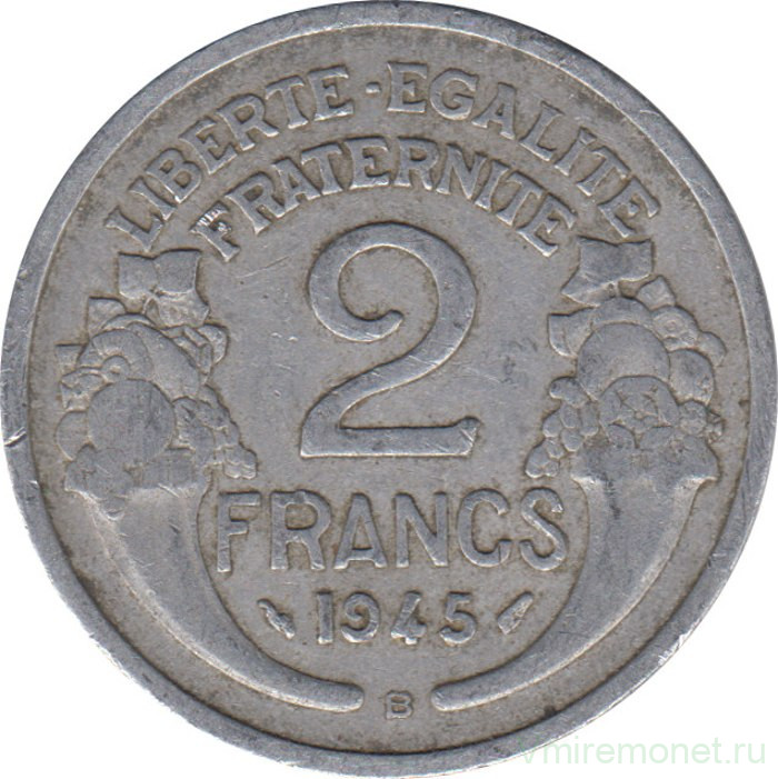 Монета. Франция. 2 франка 1945 год. Монетный двор - Бомонт (B).