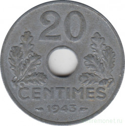 Монета. Франция. 20 сантимов 1943 год. Правительство Виши. 3 грамма.