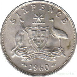 Монета. Австралия. 6 пенсов 1960 год.