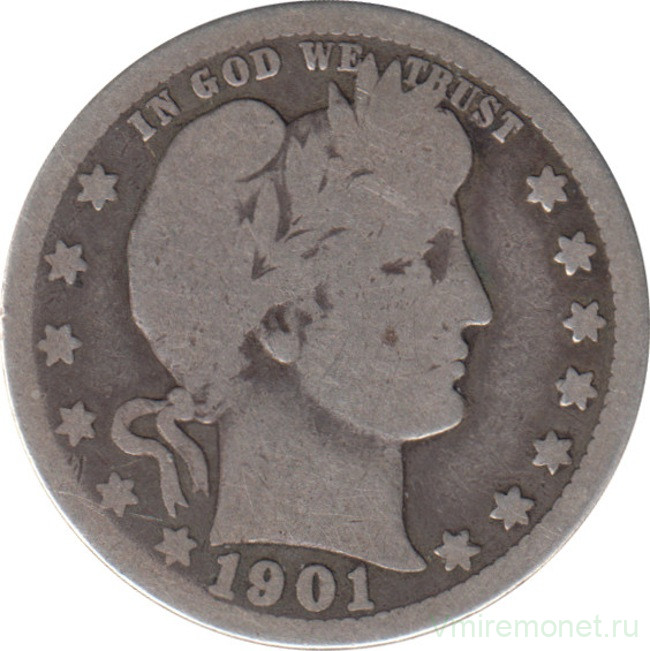 Монета. США. 25 центов 1901 год. Монетный двор О.