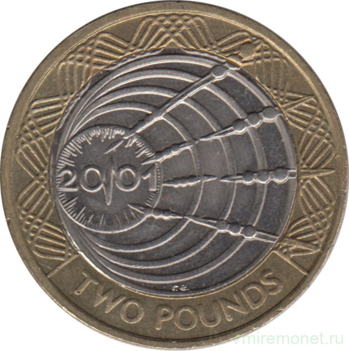 Монета. Великобритания. 2 фунта 2001 год. 100 лет трансатлантическому радио.