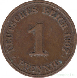 Монета. Германская империя. 1 пфенниг 1907 год. (J).