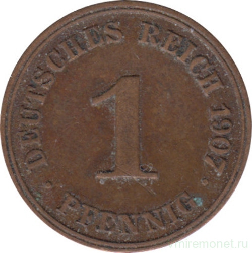Монета. Германская империя. 1 пфенниг 1907 год. (J).