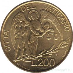 Монета. Ватикан. 200 лир 1997 год. Ангел ведёт двух человек.