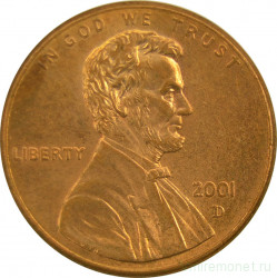 Монета. США. 1 цент 2001 год. Монетный двор D.