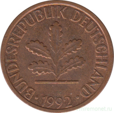 Монета. ФРГ. 1 пфенниг 1992 год. Монетный двор - Карлсруэ (G).