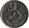 Аверс.Монета. Финляндия. 1 марка 1988 год.
