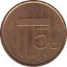 Монета. Нидерланды. 5 центов 1990 год. ав.