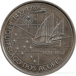 Монета. Португалия. 100 эскудо 1989 год. Открытие Азорских островов.