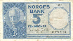 Банкнота. Норвегия. 5 крон 1962 год. Тип 30g.