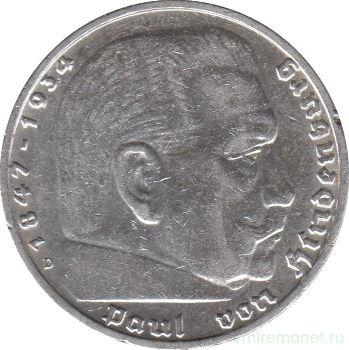 Монета. Германия. Третий Рейх. 5 рейхсмарок 1935 год. Монетный двор - Карлсруэ (G). ав. Монета. Германия. Третий Рейх. 5 рейхсмарок 1935 год. Монетный двор - Мюнхен (D).