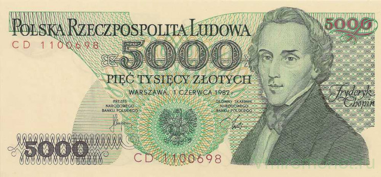 Банкнота. Польша. 5000 злотых 1982 год. Фредерик Шопен.