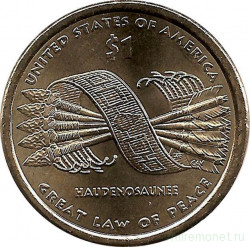 Монета. США. 1 доллар 2010 год. Сакагавея, договор о мире, "стрелы". Монетный двор P.