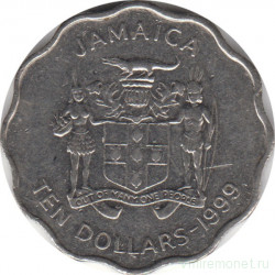 Монета. Ямайка. 10 долларов 1999 год.