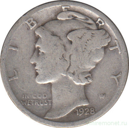 Монета. США. 10 центов 1928 год. ав. Монета. США. 10 центов 1928 год.