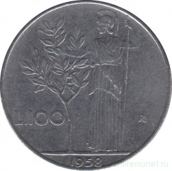 Монета. Италия. 100 лир 1958 год.