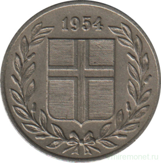 Монета. Исландия. 25 аурар 1954 год.