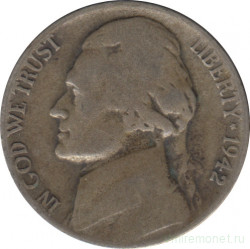 Монета. США. 5 центов 1942 год. Серебро. Монетный двор P.