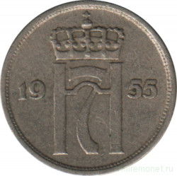 Монета. Норвегия. 10 эре 1955 год.