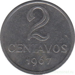 Монета. Бразилия. 2 сентаво 1967 год.