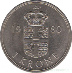 Монета. Дания. 1 крона 1980 год.