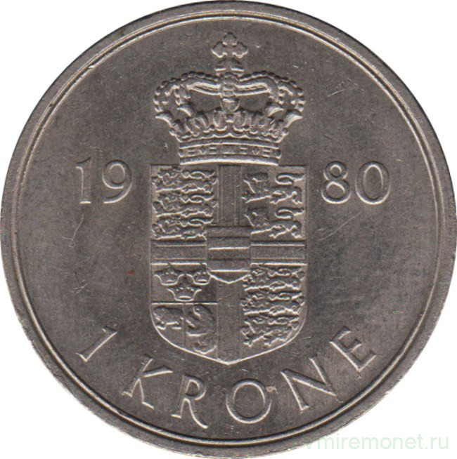 Монета. Дания. 1 крона 1980 год.
