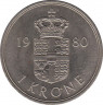  Монета. Дания. 1 крона 1980 год. ав.