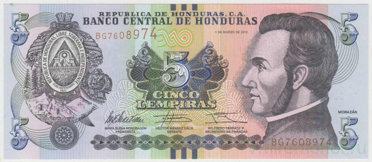 Банкнота. Гондурас. 5 лемпир 2012 год.