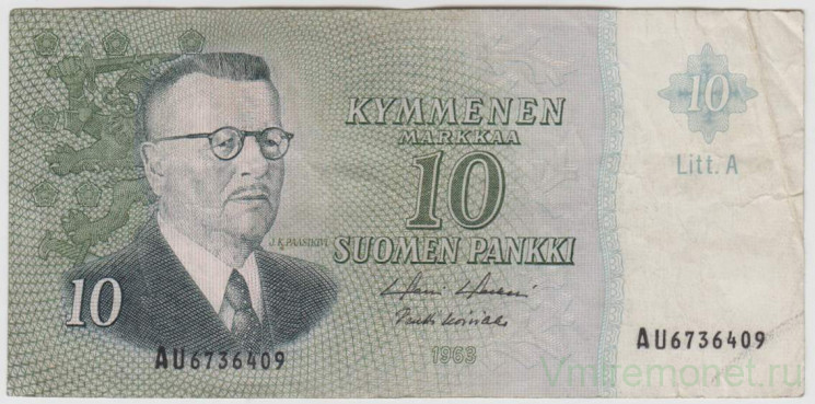 Банкнота. Финляндия. 10 марок 1963 год. Тип 104а(122).