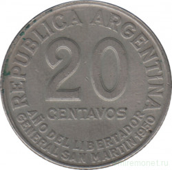Монета. Аргентина. 20 сентаво 1950 год. Медно-никелевый сплав.