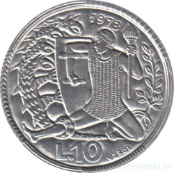 Монета. Сан-Марино. 10 лир 1973 год. Рыцарь и дракон.