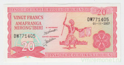 Банкнота. Бурунди. 20 франков 2007 год.