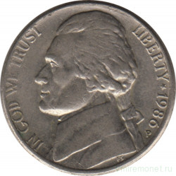 Монета. США. 5 центов 1986 год. Монетный двор P.
