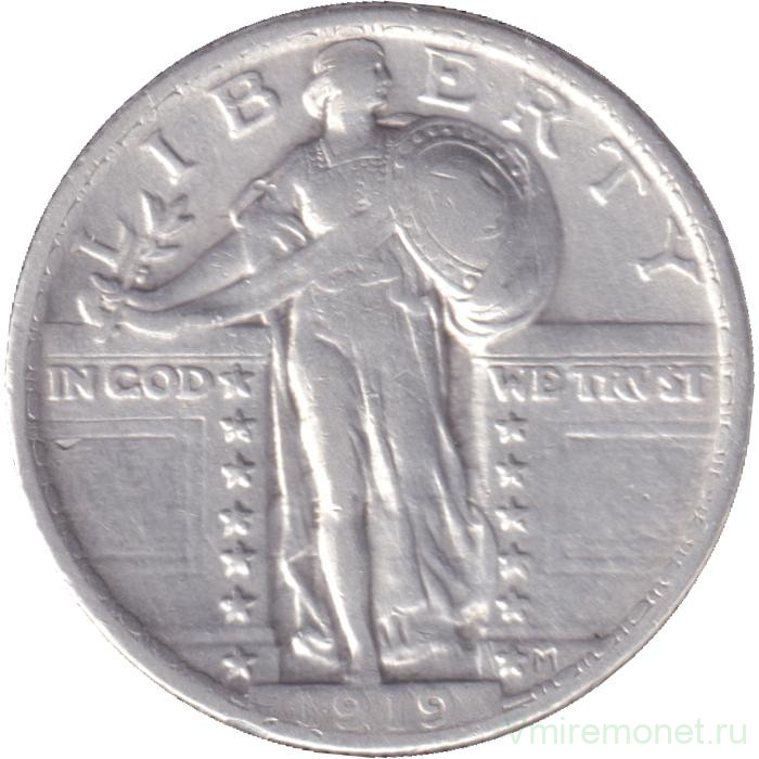 Монета. США. 25 центов 1919 год. Без отметки монетного двора.