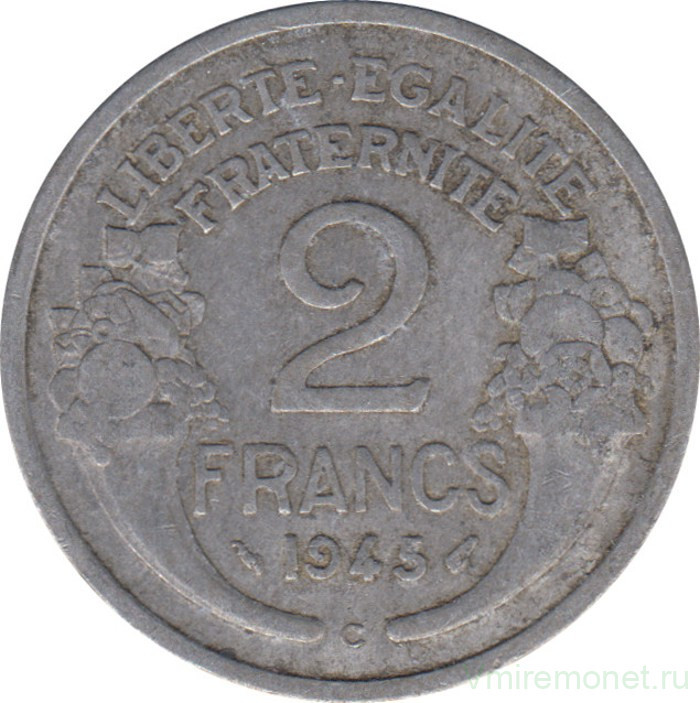 Монета. Франция. 2 франка 1945 год. Монетный двор - Кастельсарразен (C).