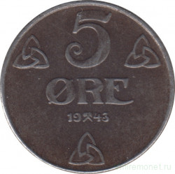 Монета. Норвегия. 5 эре 1943 год.