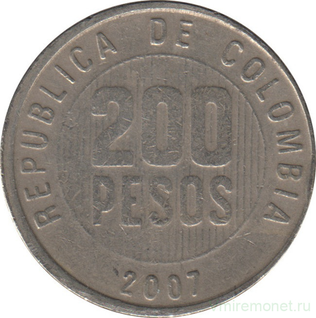 Монета. Колумбия. 200 песо 2007 год.