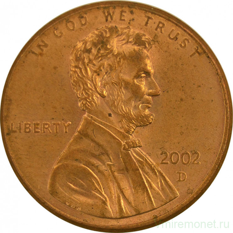 Монета. США. 1 цент 2002 год. Монетный двор D.