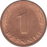  Монета. ФРГ. 1 пфенниг 1992 год. Монетный двор - Гамбург (J).