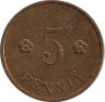 Реверс.Монета. Финляндия. 5 пенни 1940 год.